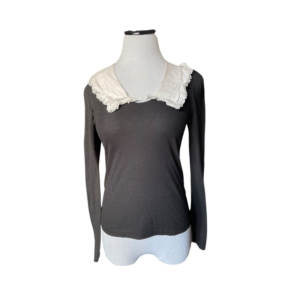 Womens Black Ribbed Top White Peter‎ Pan Collar Size M Goth Wednesday Addams Y2K